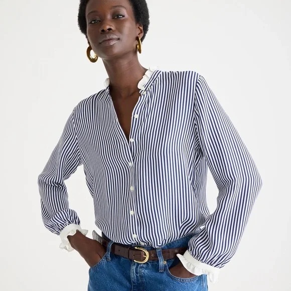 J CREW Striped Ruffle Trim Blouse - Picture 1 of 3